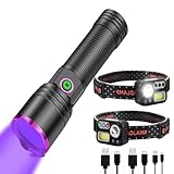 XLENTGEN 20W UV Light Flashlight 365nm, Black Light Ultraviolet Flashlights, Headlamp Rechargeable 4 Colors in 1 LED Headlamp 500 Lumens Super Bright Motion Sensor Head Lamp, 2-Pack 8 Modes White Red