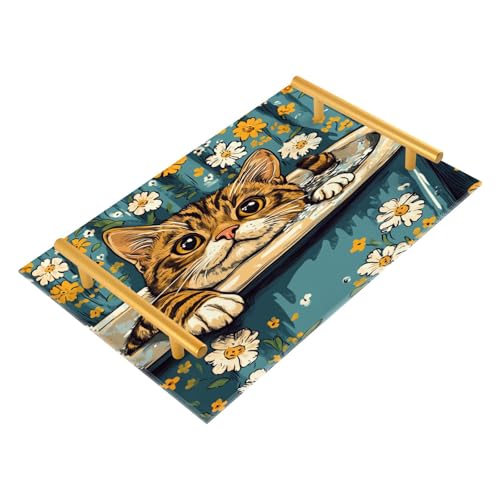 Bandejas decorativas de cocina retro con asas de dibujos animados de gatos de Bengala para servir joyas, perfume para cocina, servir charola para comida