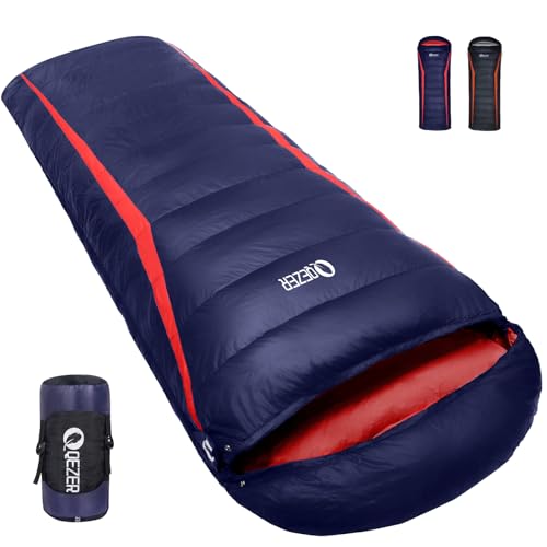 QEZER Down Sleeping Bag,Lightweight Rectangular Winter Sleeping Bag [1180g/1860g] for Adults and Kids 4 Season Camping, Hiking,Warehouse and Moutaineering Outdoor (Blue, 600g down)