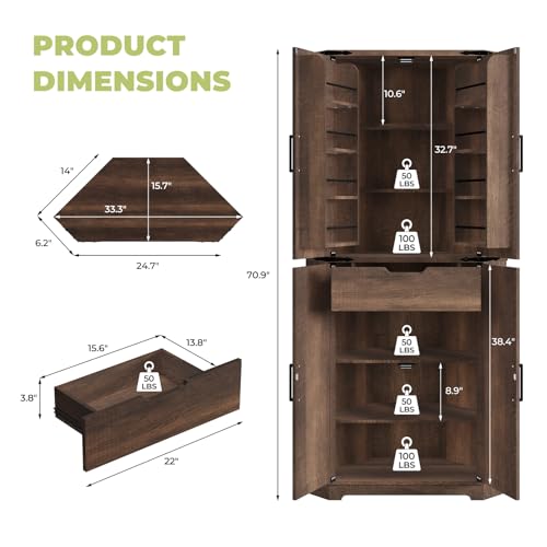 Image of Dripex 71 inch Corner Cabinet Brown, Farmhouse Kitchen Pantry Cabinet with Doors Storage & Adjustable Shelves, Tall Corner Storage Cabinet with LED Light, Food Pantry for Living Room, Dining Room