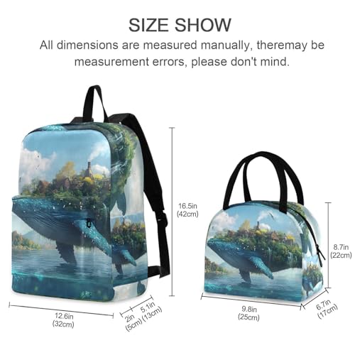 Backpack Lunch Bag Set Surreal Whale Print, Big Storage Travel Backpacks with Insulated Lunch Box for Office Hiking Picnic2