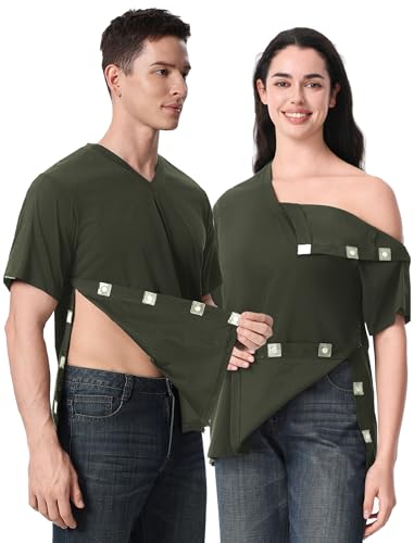 Image of Magnetic Buttons Post Shoulder Surgery Recovery Shirt for Men V-Neck Tear Away Adaptive Chemo Port Clothing for Women