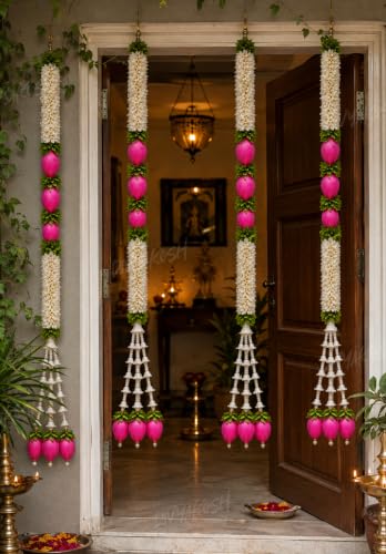 Image of Divyakosh BuilderCoach 2 Pack Decorative Door Hanging, 3 Feet (36 Inches) Each, Floral Toran with Pink Lotus Buds, White Flowers & Green Foliage, Festive Pooja, Ganpati & Entrance Decor
