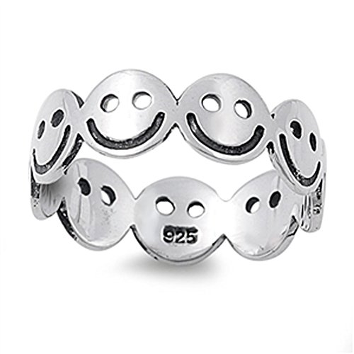 Smiley Face Eternity Happy Unique Ring New .925 Sterling Silver Band Size 7