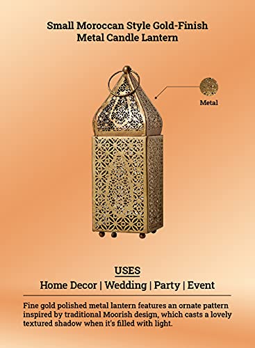 Serene Spaces Living Small Moroccan Gold Ornate Candle Lantern, Antique Gold Lantern, Decorative Candle Lantern Holders For Indian-Inspired Wedding, Eid, Ramadan, Events, 2.75" Dia & 8.5" Tall #TOP5