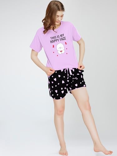Image of ZEYO Night Suit for Women's Typography Printed Cotton Night Dress of Top and Shorts