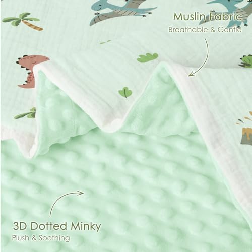 Image of SANDJEST Dinosaur Minky Muslin & Dotted Blanket 30x40 in Gift for Holiday, Gender Reveal Party, Hospital Visit, Baptism