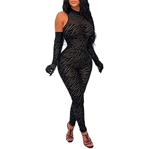 Women Sexy Bodycon Velvet Jumpsuit Sheer Mesh Patchwork One Piece Party Club Outfits with Gloves, Black, Small Cover