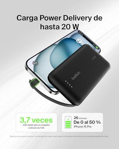 Miniatura 2 de Belkin BoostCharge Batería Externa 10000 mAh con Cable USB-C - Negro | Power Bank de 10000 mAh, 1 puerto USB-C y 1 cable USB-C, 20 W, LED, Autorizada como Equipaje de Mano y Precargada