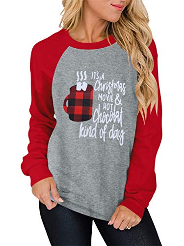 ANTSZONE It's a Christmas Movie and Hot Chocolate Kind of Day Raglan Shirts for Women - Casual Long Sleeve Crewneck Pullover Sweatshirt Tops (4# Red & Heather Grey, XXL) 313-SD014-hongsehui-XXL