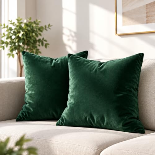 Image of Opulent Dreams Velvet Cushion Covers (Pack of 2) - 45cm x 45cm (18x18 Inch) Square Throw Pillowcases - Ideal for Sofa and Bedroom - Featuring Invisible Zippers (Dark Green)