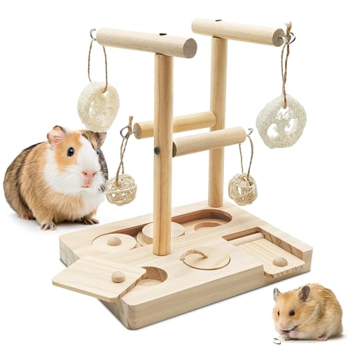 PINVNBY Guinea Pig Foraging Toys with Shelf Hamsters Interactive Enrichment Toys Bunny Wooden Puzzle Snuffle Toy Small Animals Treats Dispenser for Rabbit Chinchillas Rats and Gerbils