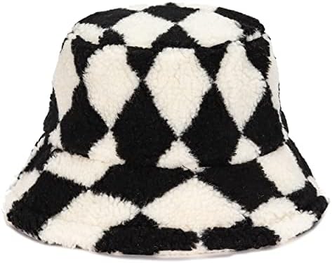 Winter Fur Bucket Hat Warm Lamb Wool Bucket Hat Sherpa Wide Fluffy Furry Checkerboard Bucket Hat