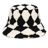 Winter Fur Bucket Hat Warm Lamb Wool Bucket Hat Sherpa Wide Fluffy Furry Checkerboard Bucket Hat
