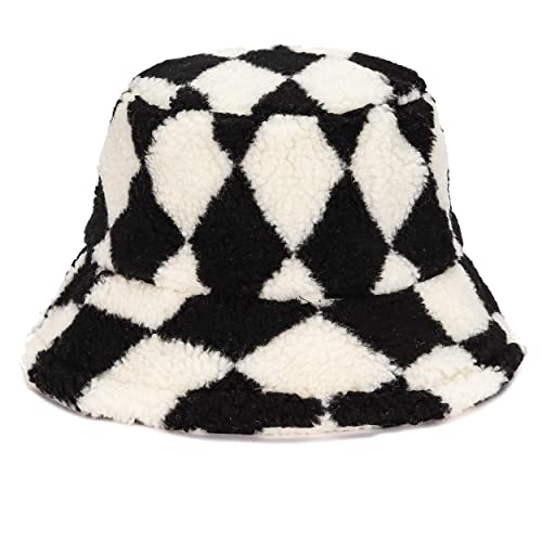 Winter Fur Bucket Hat Warm Lamb Wool Bucket Hat Sherpa Wide Fluffy Furry Checkerboard Bucket Hat #TOP10