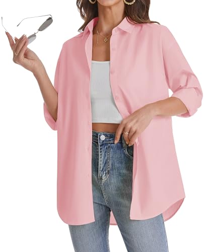 Womens Oversized Button Up Shirts Office Long Sleeve Breathable Solid