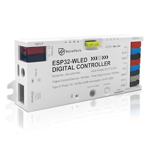 NaveiTech ESP32 WLED LED Controller mit Ethernet Musik Reaktion UART & 20A Stecksicherung DIY dynamische Lichteffekte DC 524V für WS2811 WS2812B SK6812 WS2815 RGB/RGBW Adressierbare LED Streifen