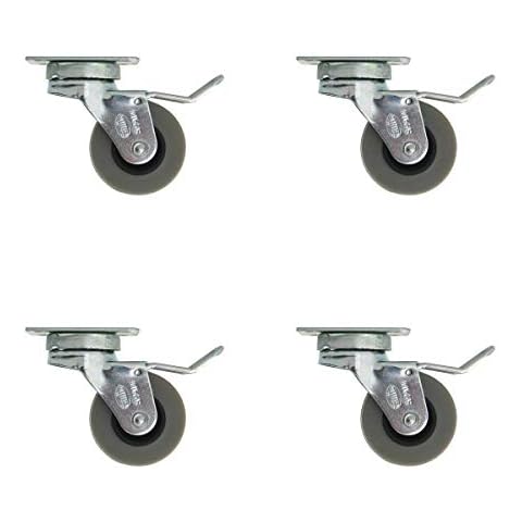 Set of 4 Hard Rubber Castors Diameter 40 mm with Brake and Screw-On Plate Furniture Castors Grey Cover