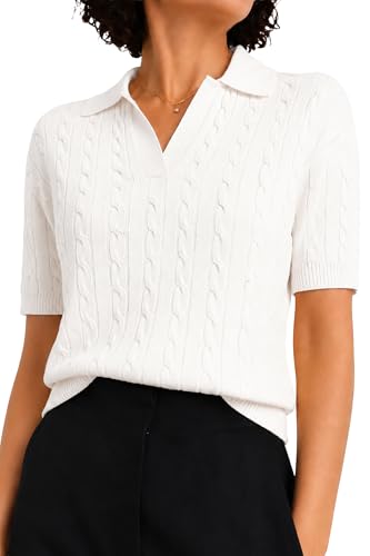 Image of QUALFORT Cable Knit Women's Short Sleeve Sweater Soft V Neck Polo Tops