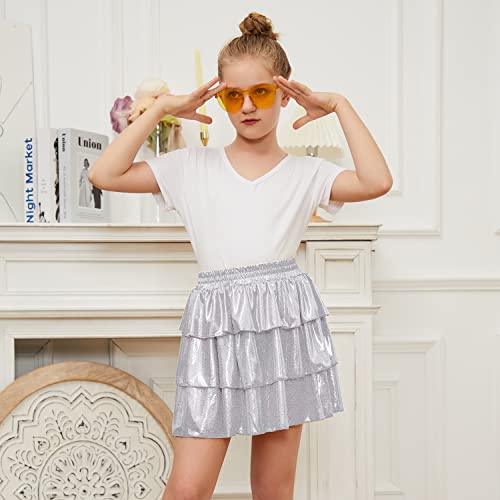 Modafans Girls Sparkle Metallic Skirt 3-Layer Ruffle Shiny Dance Scooter Skirt For Girls 10-11 Years,Sparkly Sliver #TOP2