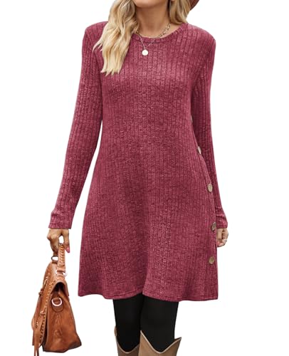Image of OFEEFAN Long Sleeve Dress for Women Crew Neck Fall and Winter Tunic Dress with Pockets