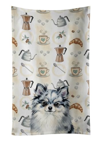 Caroline's Treasures Blue Merle Pomeranian Coffee Bar Kitchen Towel Velour Plush Front and Cotton Loop Back Machine Washable