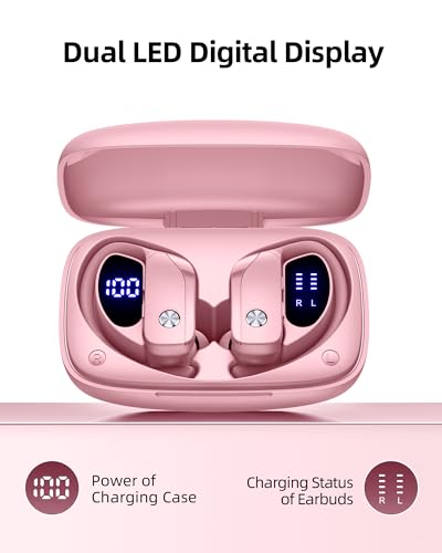 Image of bmanl Wireless Earbuds Bluetooth Headphones 48hrs Play Back Sport Earphones with LED Display Over-Ear Buds with Earhooks Built-in Mic Headset for Workout Pink BMANI-VEAT00L
