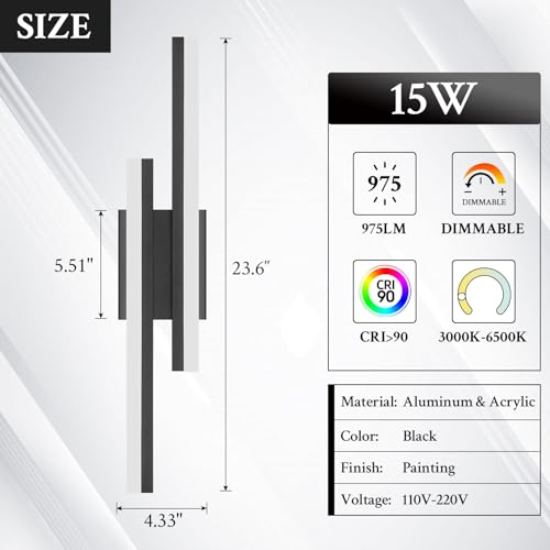 Image of LED Wall Sconce Set of 2 Black Remote Modern LED Vanity Lights Set of 2 Indoor Wall Light Fixtures for Living Room, Dimmable Wall Sconce for Bedside Bedroom Bathroom, L23.6inch 2 Pack