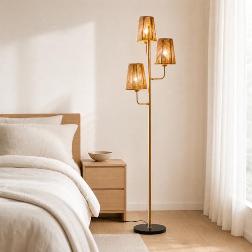 XZHGCEE Rattan Floor Lamp for Living Room:3 Light Boho Floor Lamp for Bedroom Gold Standing Lamp with Foot Switch Coastal Rustic Tall Lamp No Bulb
