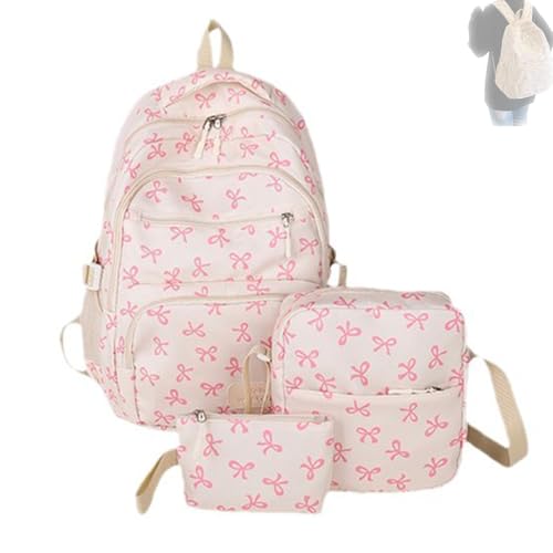 Bow Backpack 3Pcs Set for Girls,Aesthetic Daypack Bow Rucksack,New Cute Kawaii Backpacks Set Large Capacity (White Pink)