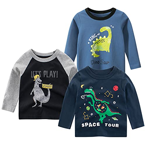 LAUSONS 3er Pack Kinder Langarmshirt Baumwolle Unterhemd Jungen Sweatshirt Dino 2 DE: 110-116 (Herstellergröße 110) Cover