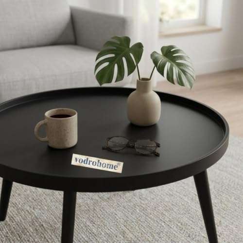 Image of Mango Solid Wood Coffee Table - Round Centre Table with- Mango Ideal Tea Table for Living Rooms C#045 (Matt Black)