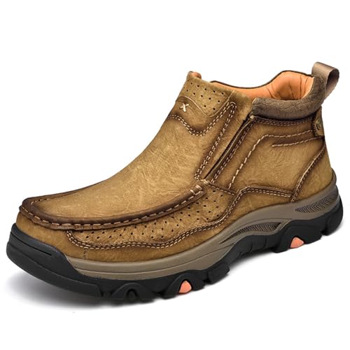 Tokouk Mens Hand Stitching Leather Slip On Ankle Boots, Casual Moccasin Chukka Boots Non-Slip Outdoor Hiking and Driving Loafers