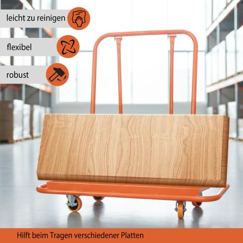 Robusto carro de placas de yeso | Rigips Carro de transporte con capacidad de carga de 1000 kg – Carro plegable con 4 ruedas giratorias y frenos | Transportador de placas para paneles de yeso naranja