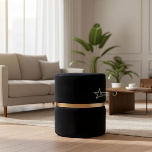 Image of Round Single Strip Upholstered Stool Living Room Foot Rest Linen Fabric Padded Seat Pouf Ottoman Office Stool Black
