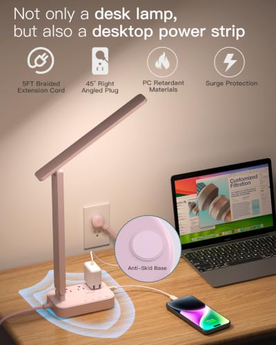 Image of Addtam LED Desk Lamp, Power Strip with 3 Outlets 4 USB Charging Ports(2 USBC), 4 Modes 5 Level Brightness Touch Lamp, Small Desk Lamp for Home Office College Dorm Room Essentials, Pink