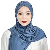 Muslim Hijab Solid Color Beaded Arab Hijab Long Hijab Women Hijab Beaded Soft and Easy to Wear Hijab Turkish Head Wrap Scarf Women's Ready to Wear Instant Hijab with Under Scarf Gray Blue One Size