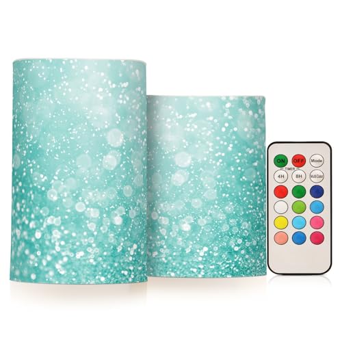 Image of Eionryn Turquoise Aqua Glitter Flameless Candles Teal Mint Sparkle Battery Operated LED Candles with Remote Timer Electric Candles for Home Party Decor 2pcs