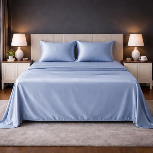 Image of LANE LINEN 100% Cotton Satin Fantasy Bedsheet Double Size - French Blue | OEKO-Tex Certified, 100% Cotton Satin Weave, Fits Double & Queen Bed, Gentle on Skin & Hair, Wrinkle-Free