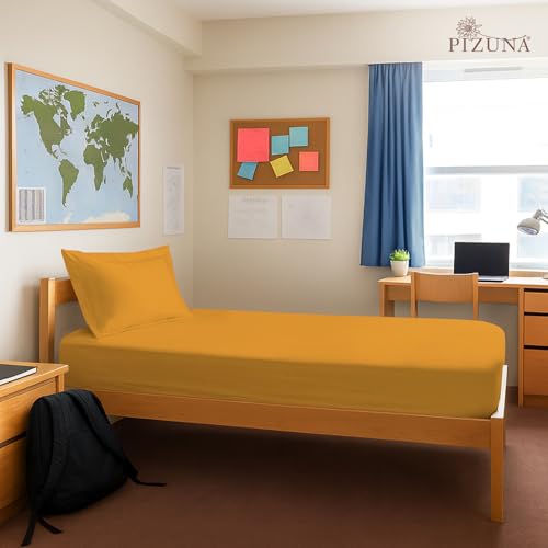 Image of Pizuna 100% Cotton Fitted Bedsheet Single Bed 400 Thread Count Long Staple Cotton Sateen Fitted Bedsheet 40x78 Inch with 1 Pillow Cover, Honey Gold Elastic Fitted Bedsheets Single Bed fits 12 Inch