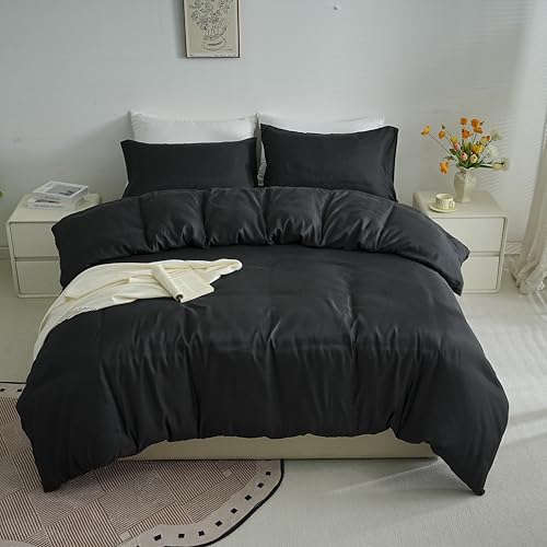 AYSW Ropa de cama de microfibra cepillada, funda nórdica y funda de almohada con cremallera de 200 x 200 cm y 2 fundas de almohada de 40 x 80 cm, color negro