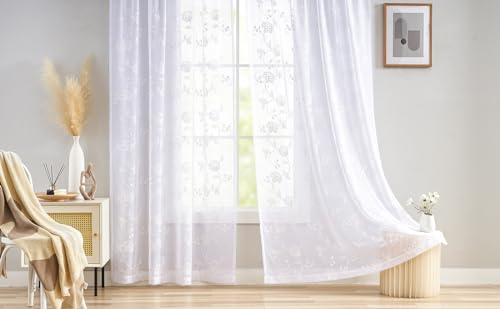 Image of Embroidery Sheer Curtains White 95 Inches, Floral Pattern Window Treatments Rod Pocket Drapes for Living room, Bedroom, Semi Voile Curtain Panels for Yard, Patio, Villa, Parlor, Set of 2, 52 inchx 95 inch.