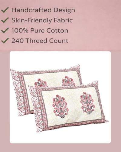 Image of elanorhomes Pure Cotton Floral Pillow Covers Set of 2 (27x18) - Rosy Glow with Zip Closure, 180 TC, 68 x 45 cm, Multicolor