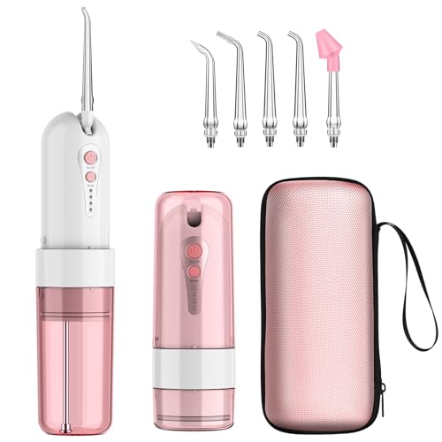 GEEDIAR Irrigador Bucal Portatil - 5 Boquillas, 4 Modos, 150ML, IPX7 Impermeable, Recargable USB-C, Limpieza Profunda para Dientes y Encías, Ideal para Hogar y Viajes, Rosa