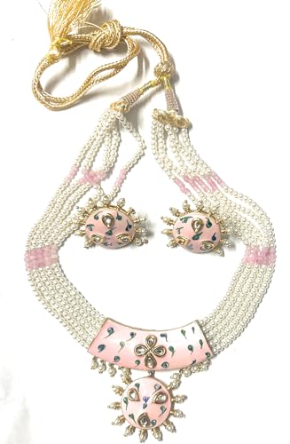 Image of Pearl Necklace Set with Pink Enamel Pendant, Traditional Multi-Strand Choker with Kundan Work, Gold-Toned Tassels