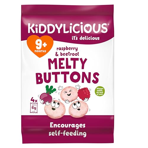 Kiddylicious Raspberry & Beetroot Melty Buttons - Delicious Snacks for Kids - Suitable for 9+ Months - 4 Packs of 5 (20 Total)