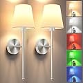 JOFIOS Battery Operated Wall Sconce Set of 2,Silver Wireless Wall Sconce with 5200mAh Dimmable Detachable Bulbs and Remote, 10 Colors Rechargeable Sconces Decor for Bedroom Living Room Hallway