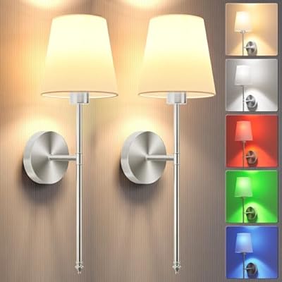 JOFIOS Battery Operated Wall Sconce Set of 2,Silver Wireless Wall Sconce with 5200mAh Dimmable Detachable Bulbs and Remote, 10 Colors Rechargeable Sconces Decor for Bedroom Living Room Hallway
