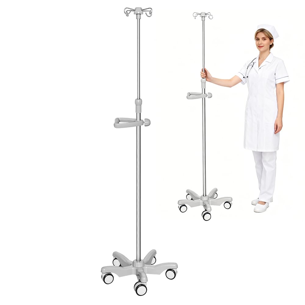 Soporte para barra intravenosa ajustable con 5 ruedas y 4 ganchos de acero