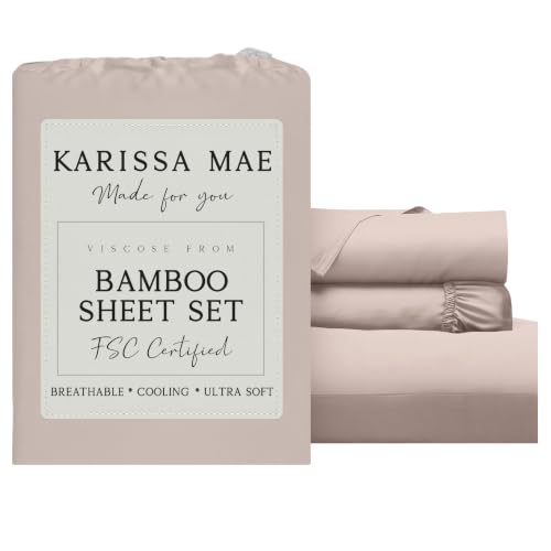 Image of KARISSA MAE Luxury Bamboo Viscose Twin Size Sheet Set | FSC Certified | Cooling | Ultra Soft | 18 inch Deep Pockets | Elastic Corner Straps | Includes Organizer Band [Dusty Rose]